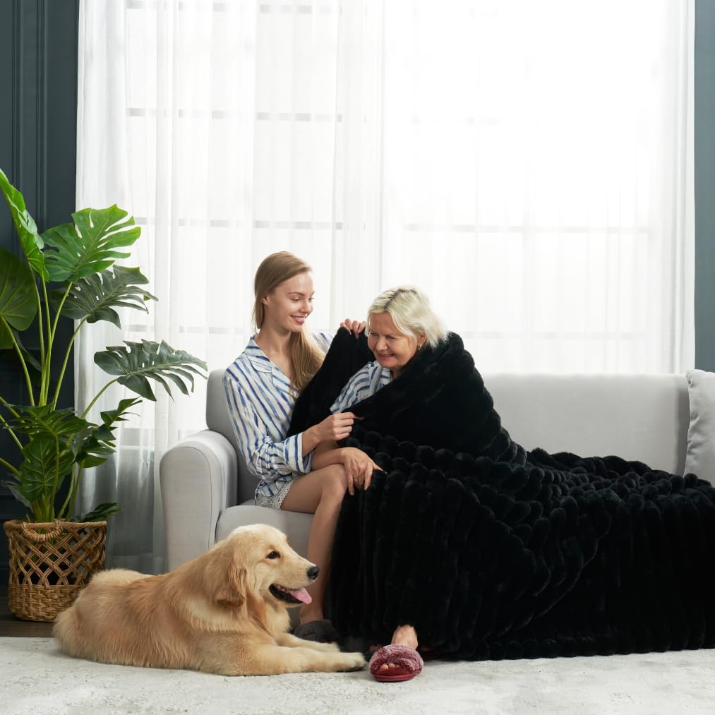 Faux Fur Throw Blanket, Cozy Warm Plush Striped Blanket, 50 * 60 Inches Black
