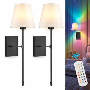 Rechargeable Battery Operated Wall Sconces Set of 2, Black Wireless Fabric Shade Wall Sconce with Remote Control