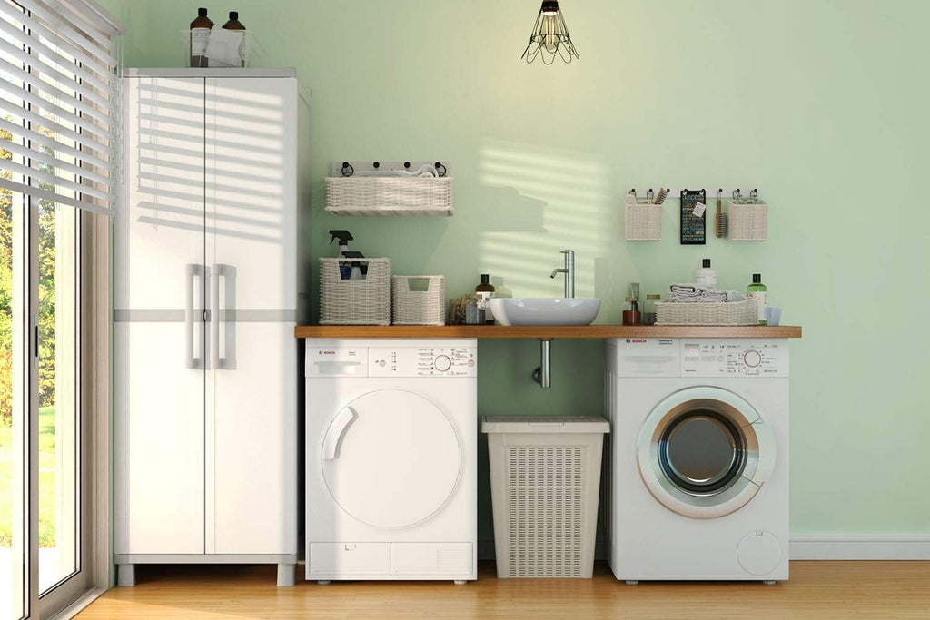 Storage Cabinet with Doors and Shelves for Laundry Room, Garage, Bathroom Accessories, Closet and Home Organization