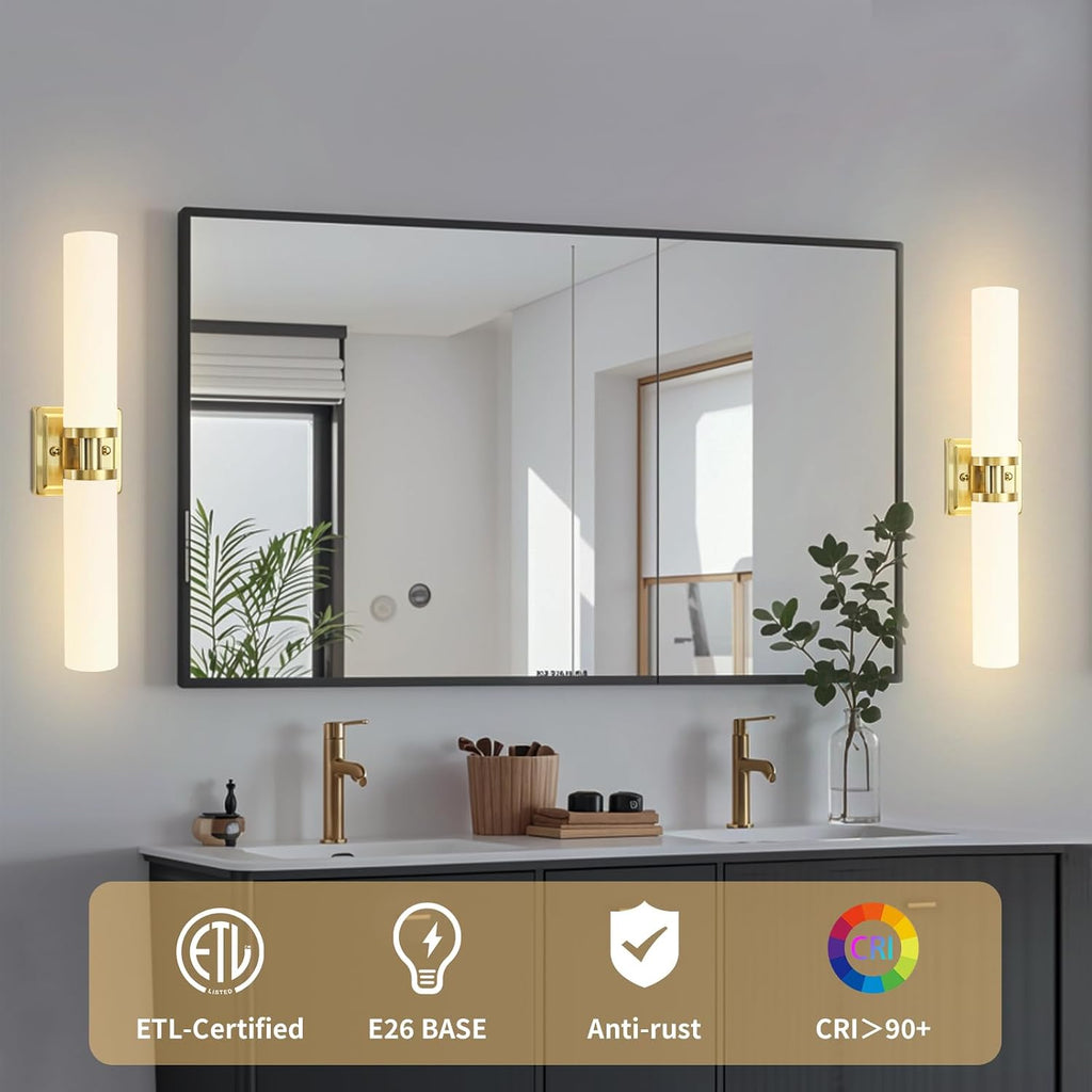 Gold Wall Sconces Set of Two, Bathroom Sconces with Frosted Glass Shade, Modern Vanity Sconces Lighting over Mirror