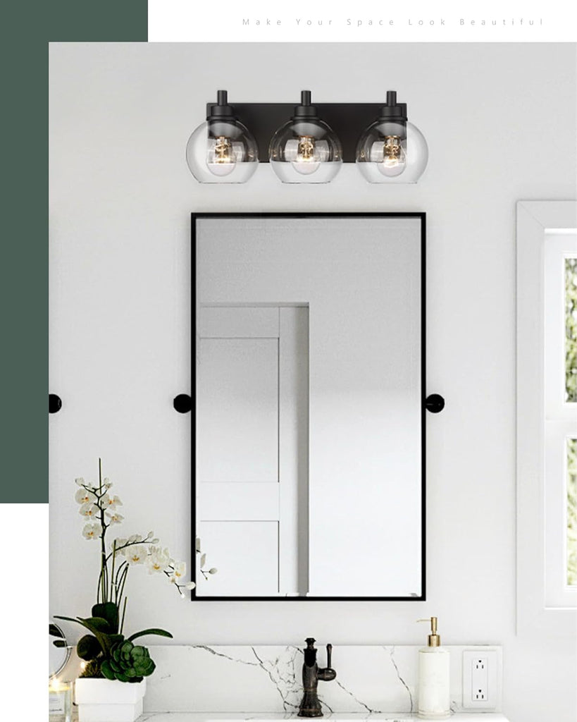 Bathroom Light Fixtures, 3-Light Matte Black Vanity Light, Modern Wall Sconces with Clear Glass Globe Shade, Bathroom
