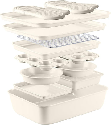 Nonstick Stackable Bakeware Set - Deluxe Heavy Duty, Durable, Easy Release Set, Cream, 13 Pcs