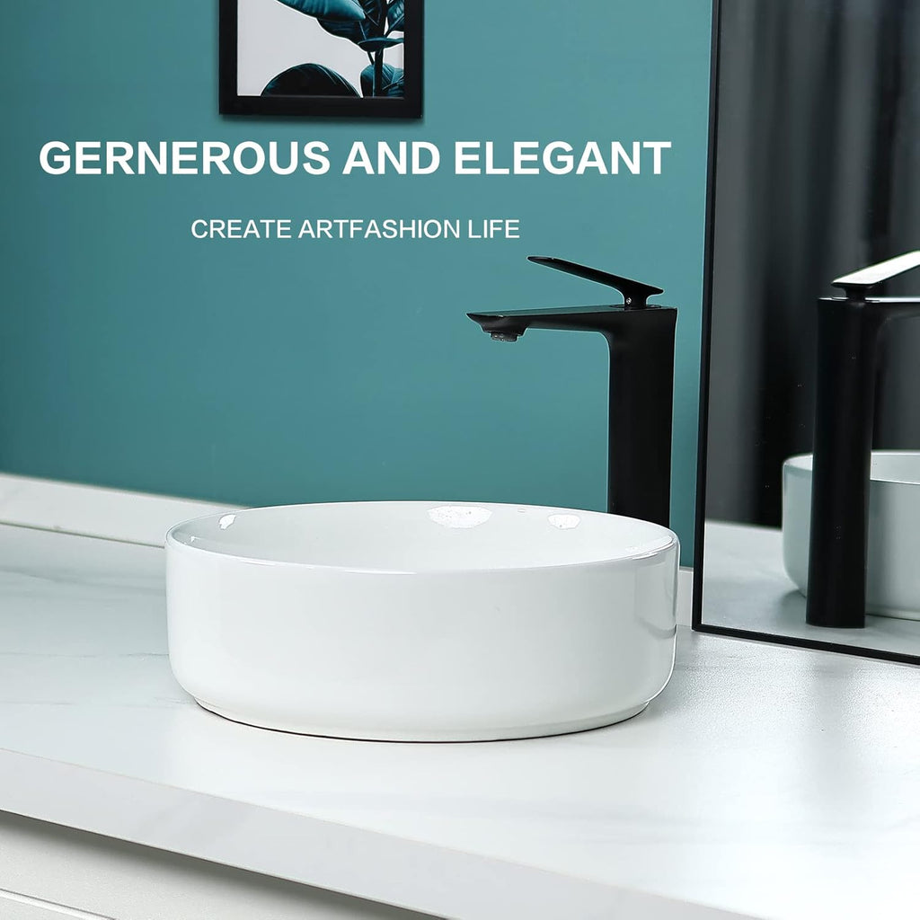 14'' Round Vessel Sink with Pop Up Drain,Bathroom Vessel Sinks,Bathroom Sinks Above Counter,Ceramic Vessel