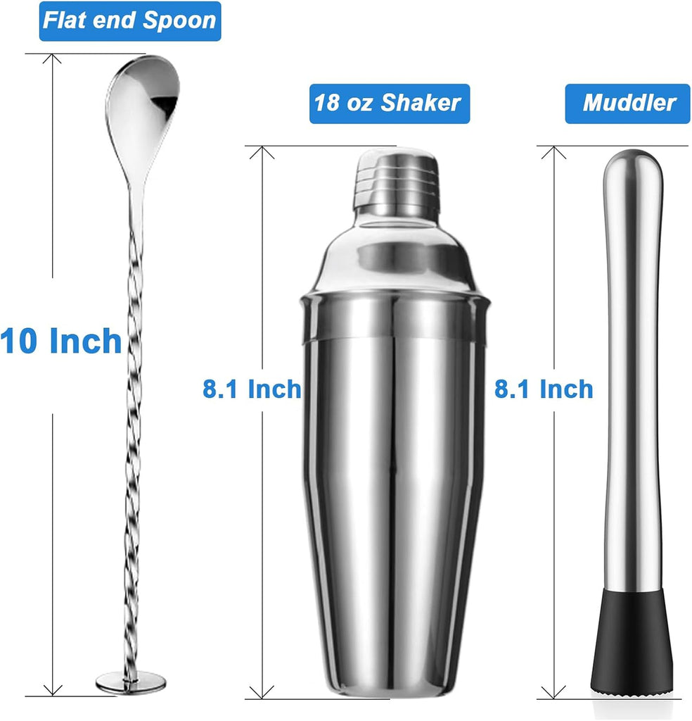5-Piece Cocktail Shaker Set Shaker Strainer Jigger T-Mixing Spoon Muddler Bartender Kit Stainless Steel Bar Set - Set of 5