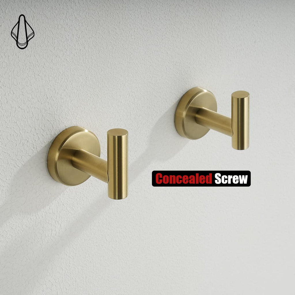 Bathroom Towel Hook Brushed Gold, Brass Coat Robe Clothes Hook Kitchen Garage Wall Mounted (Pack of 2), SUS 304