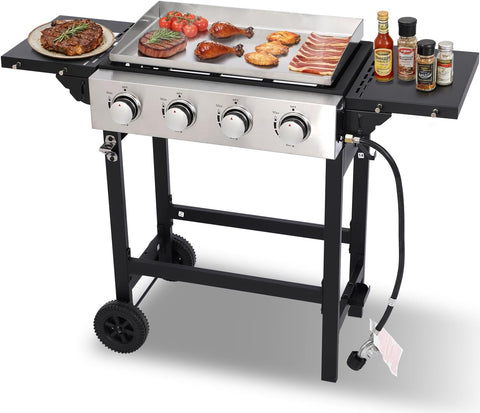 4-Burner Flat Top Gas Grill with Stainless Steel Griddle, Includes Cover and Regulator for Camping, Tailgating, Patio, and Backyard BBQ
