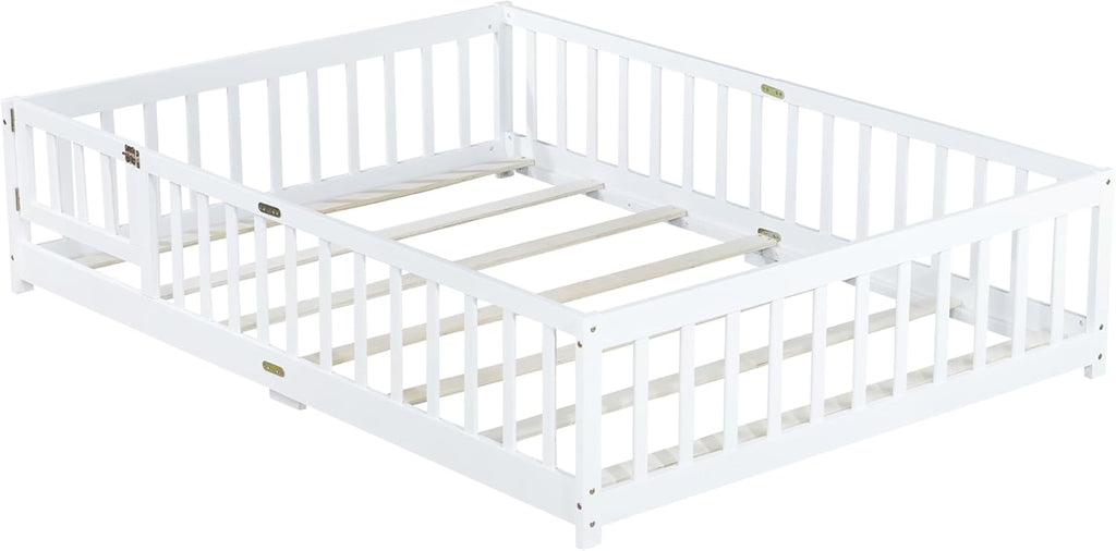 Full Size Montessori Floor Bed with Slats, Door and Guardrails, White | Low Profile Montessori Bed with Fence, Easy