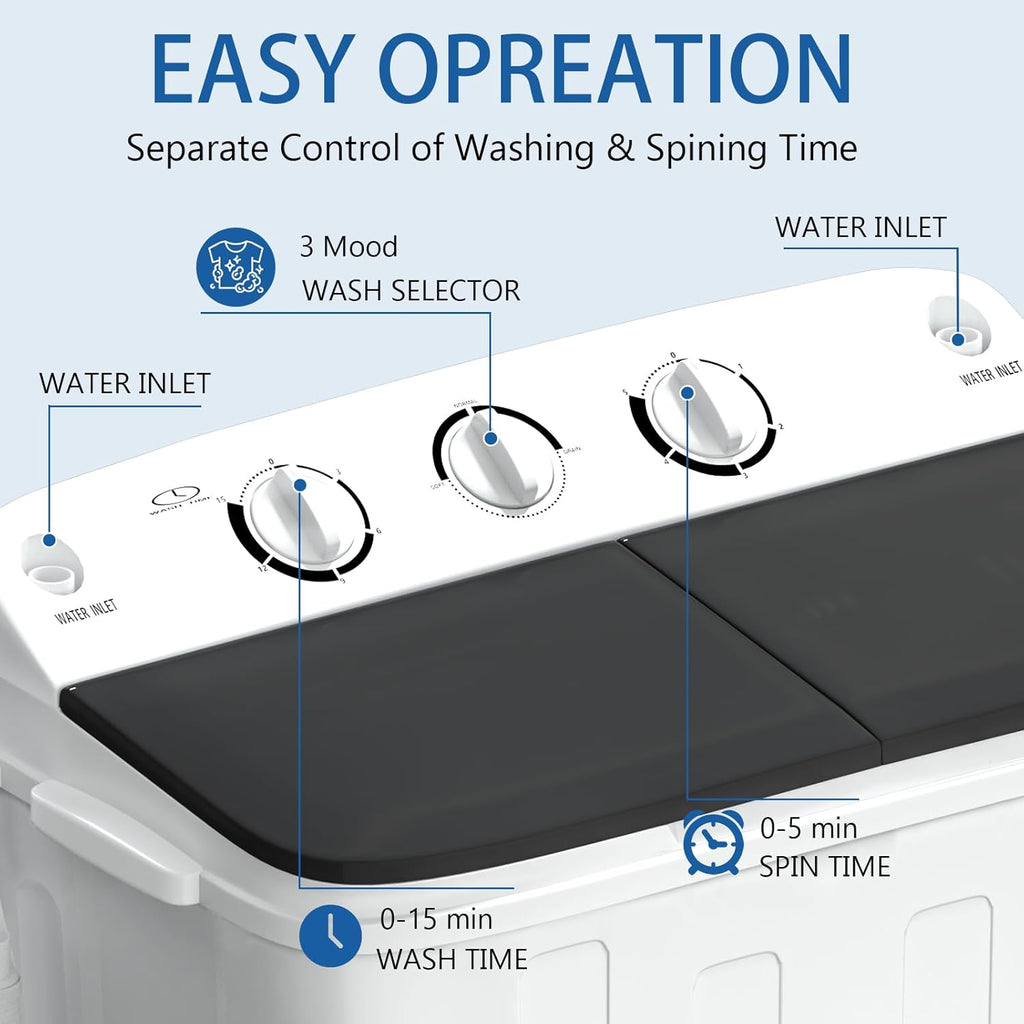 Portable Washing Machine, 18lbs Compact Laundry Washer, Free Drying Rack & 10 Hangers, 11lbs Wash & 7lbs Spin Dry