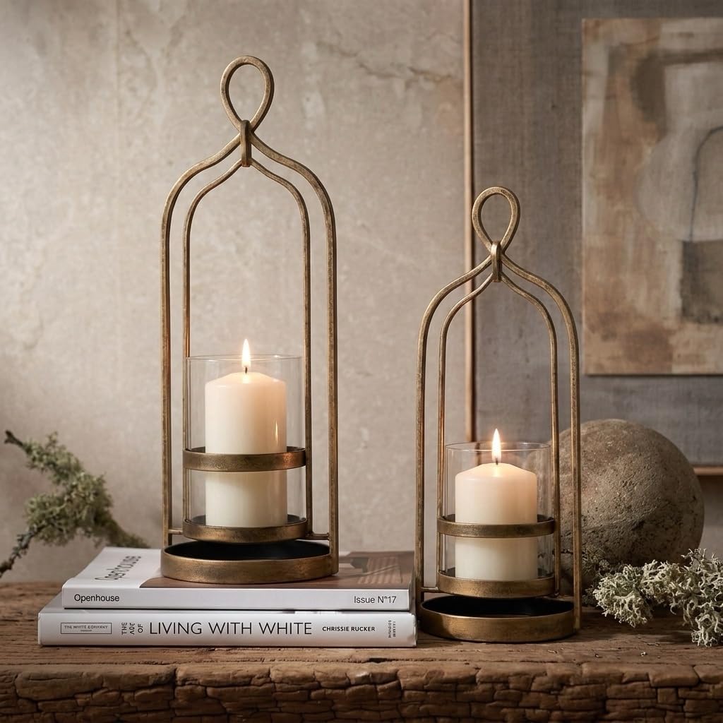 Hurricane Candle Holder Set of 2 with Glass & Metal Frame-Pillar Candle Holders Centerpiece Farmhouse Decor