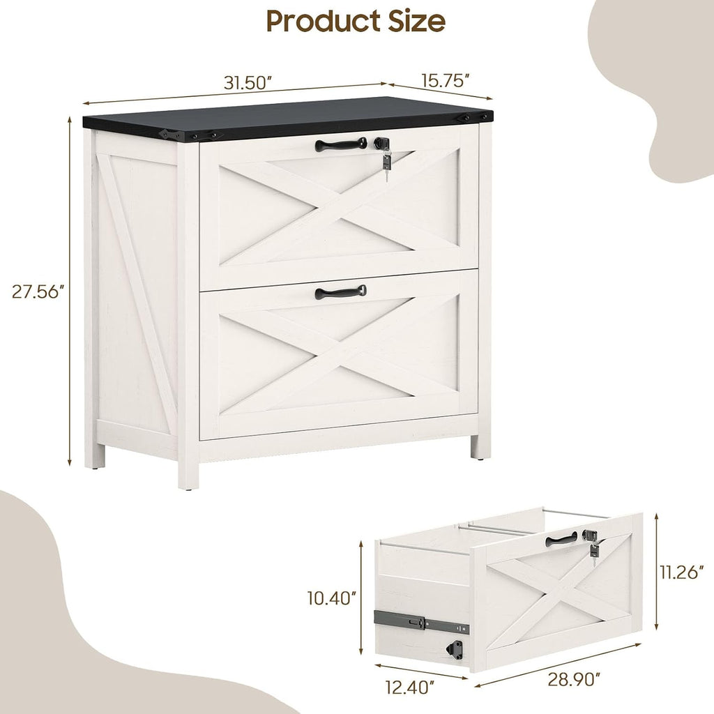 Farmhouse Lateral File Cabinet with 2 Drawers, White and Black | Lateral Filing Cabinet with Lock for Letter/A4/Legal