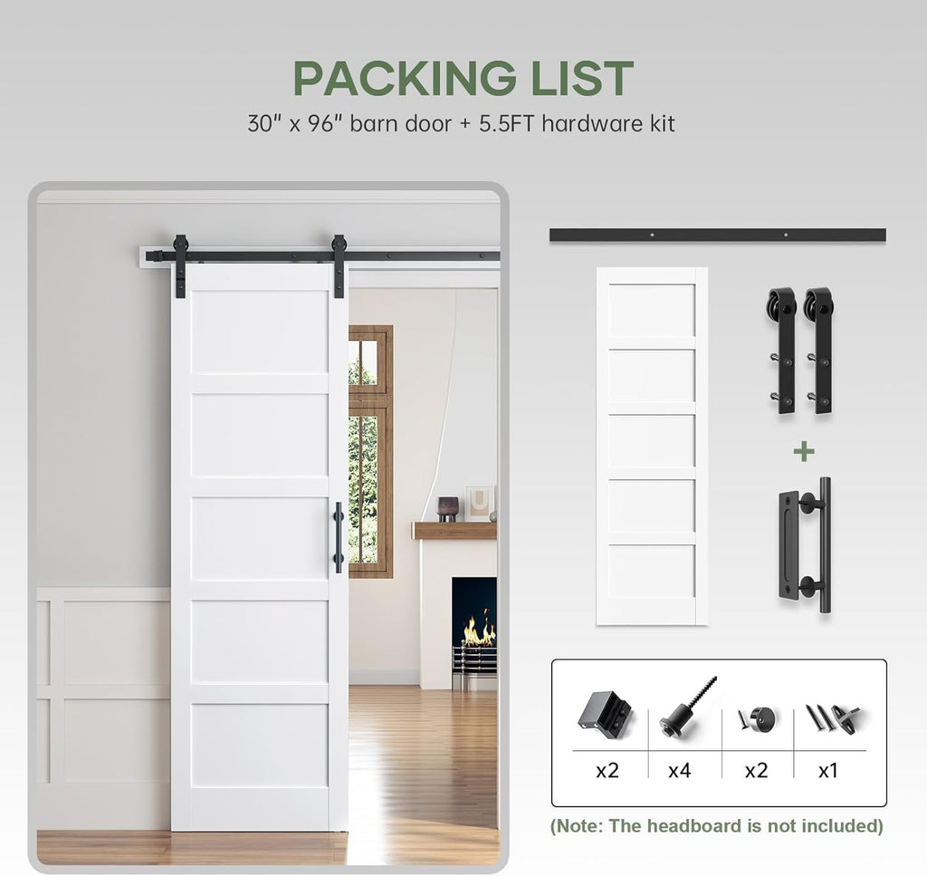 30x96 Inch White Sliding Barn Door Slab with 5.5ft Hardware Kit Included, 5-Panel, MDF Wood Panel Co
