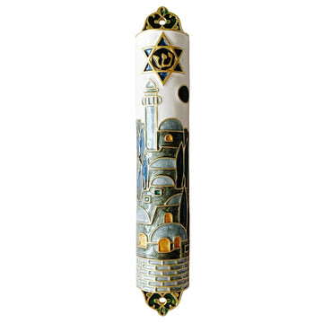 Hand-Painted Mezuzah, 9.5 Inches Large Mezuzah with Exquisite Enamel Design, Pomegranate Flower, and Scroll Included