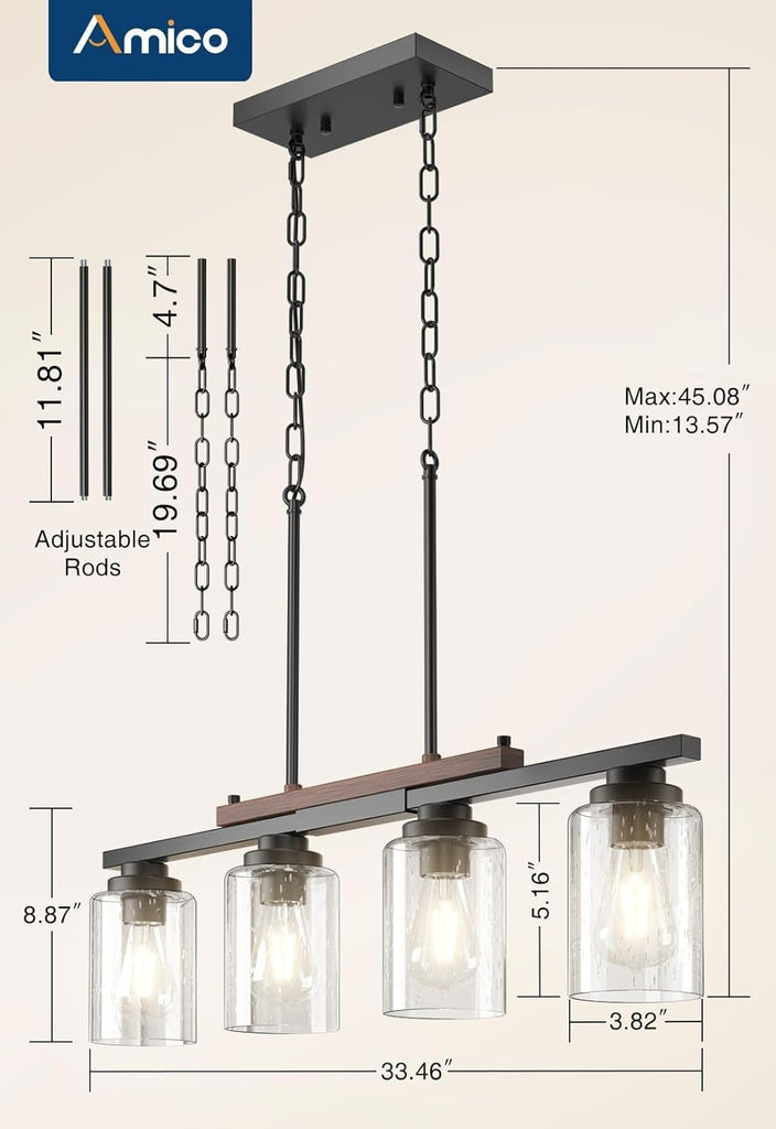 Dining Room Light Fixture 4-Light Kitchen Island Lighting with Adjustable Rods, Farmhouse Decor Black Metal & Wood