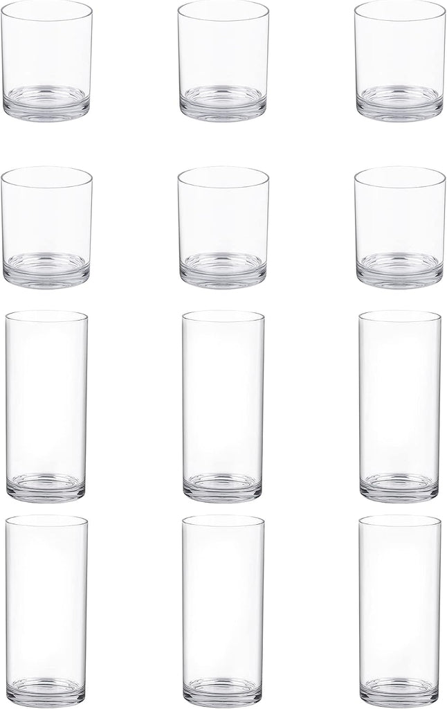 12 Pack Plastic cups, Clear Tumblers, 6 each: 12 ounce and 16 ounce Water Drinking Cups, Reusable Drinking Glasses Set