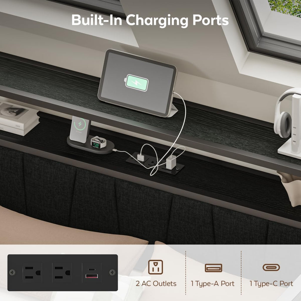 Queen Corner Bed Frame with Storage Drawers, Modern Daybed with LED Lights and Charging Station, Metal Platform Bed