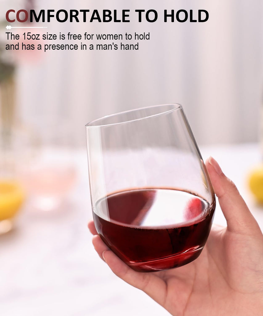 Stemless Wine Glasses Set of 4, Red White Wine Glasses, No Stem, Clear, 15oz, Premium Crystal Sturdy Drinking Glass
