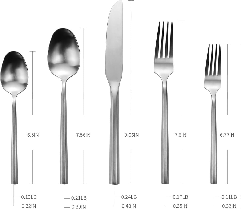 Silverware Set Flatware Set Matte Silver Cutlery Set with Hexagon Handle Forged Stainless Steel 20 Pieces