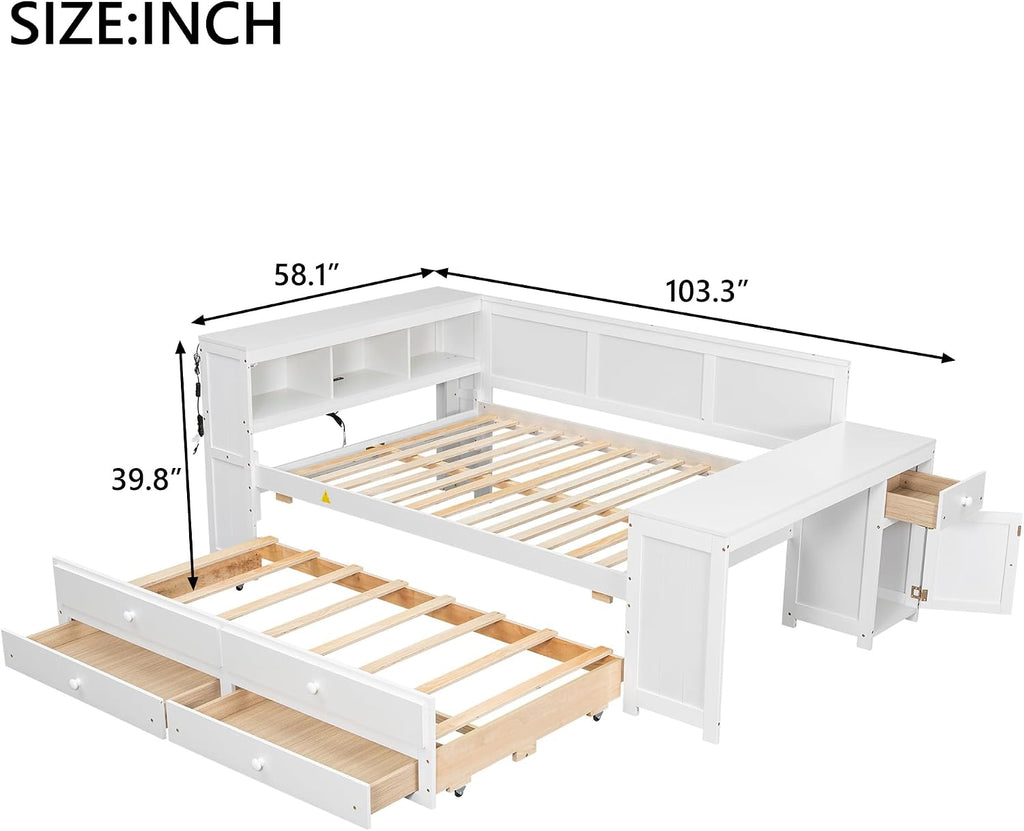 Full Size Daybed with Storage Shelves,Drawers,Trundle,Charging Station,LED Light,Desk and Cabinet, White