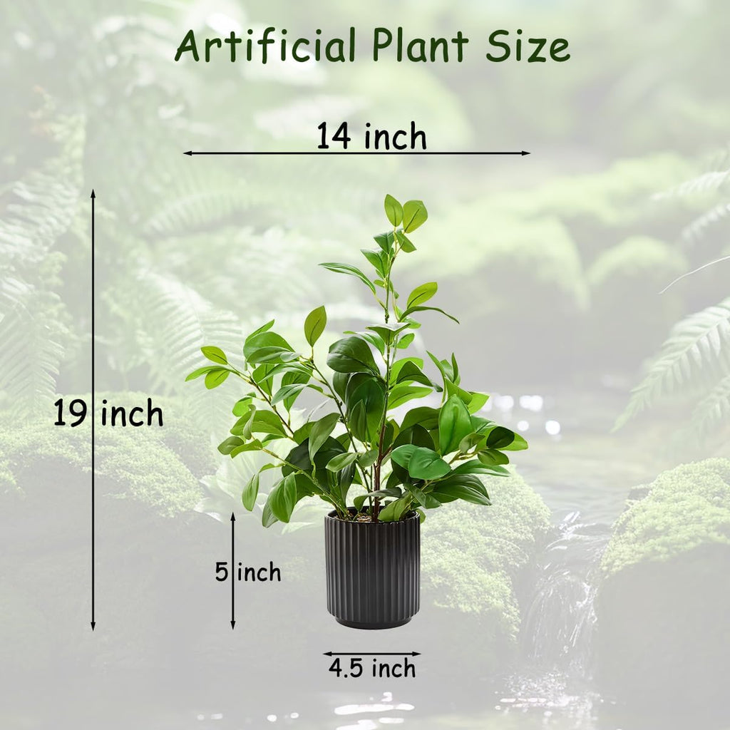 16 inch Artificial Plants Indoor Realistic Touching Evergreen Leaf Fake Plant with Creamic Black Pot Living Room