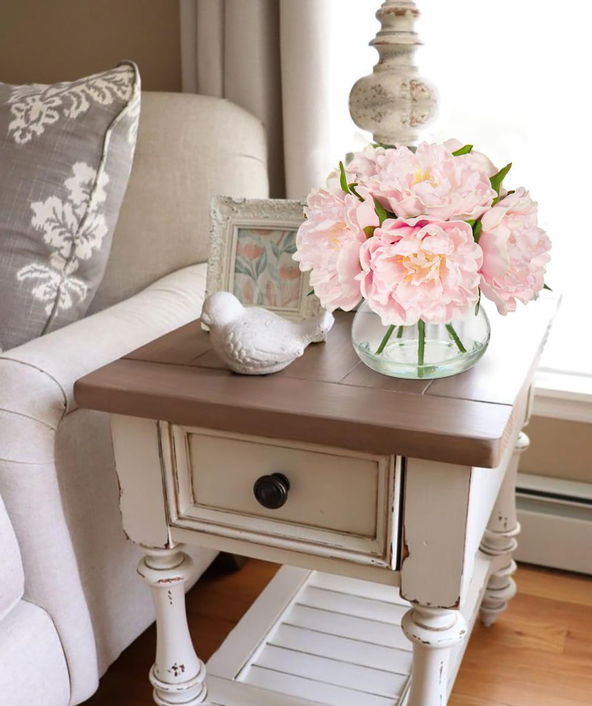 Pink Peonies Artificial Flowers with Vase Faux Flowers Peony Fake Flowers Silk Flower Arrangements in Glass Vase with