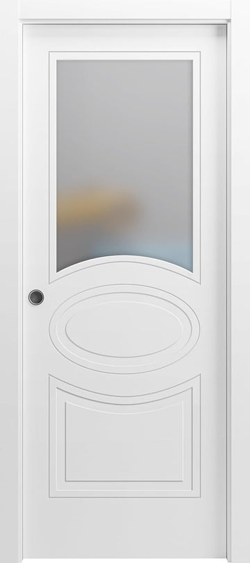 Mela 7012 | Interior French Single Pocket Door with Frosted Glass, MDF, 30x80, White, Classic Style 