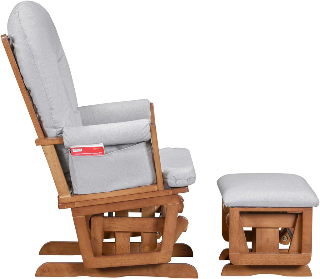 Contempo Nursery Rocking Chair with Ottoman, Wooden Glider for Baby Nursing, Smooth Gliding Rocker, Walnut Wood and