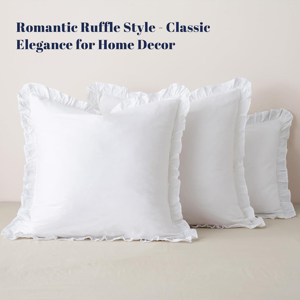 100% Washed Cotton Euro Shams with Ruffle, 2 Pack 26" x 26" Cotton Euro Sham Pillow Covers, No Insert, Ultra Soft