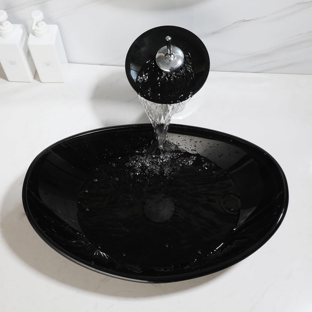 Black Oval Bathroom Vessel Sink Tempered Glass Washing Bowl Combo Above Counter Chrome Waterfall Faucet Pop Up Drain Set