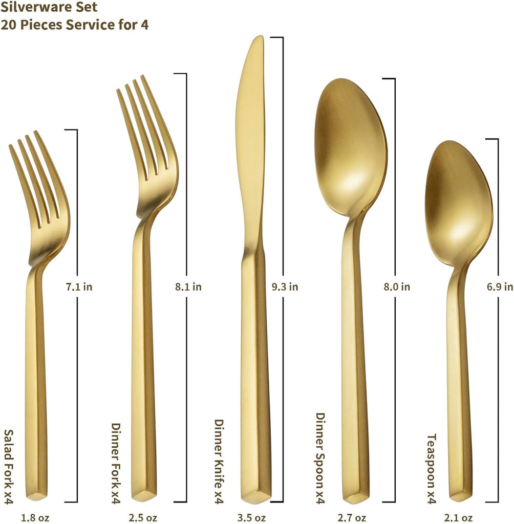 Cube Gold 20-Piece Flatware Set, Forged Cutlery Set, Matte Gold Silverware Service for 4