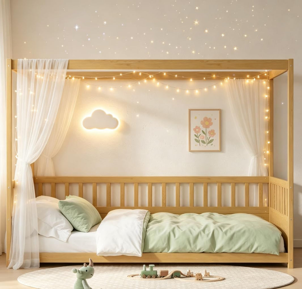Full Canopy BedFrame, Wood Montessori House Floor Bed, Canopy Platform Bed for Kids, Natural