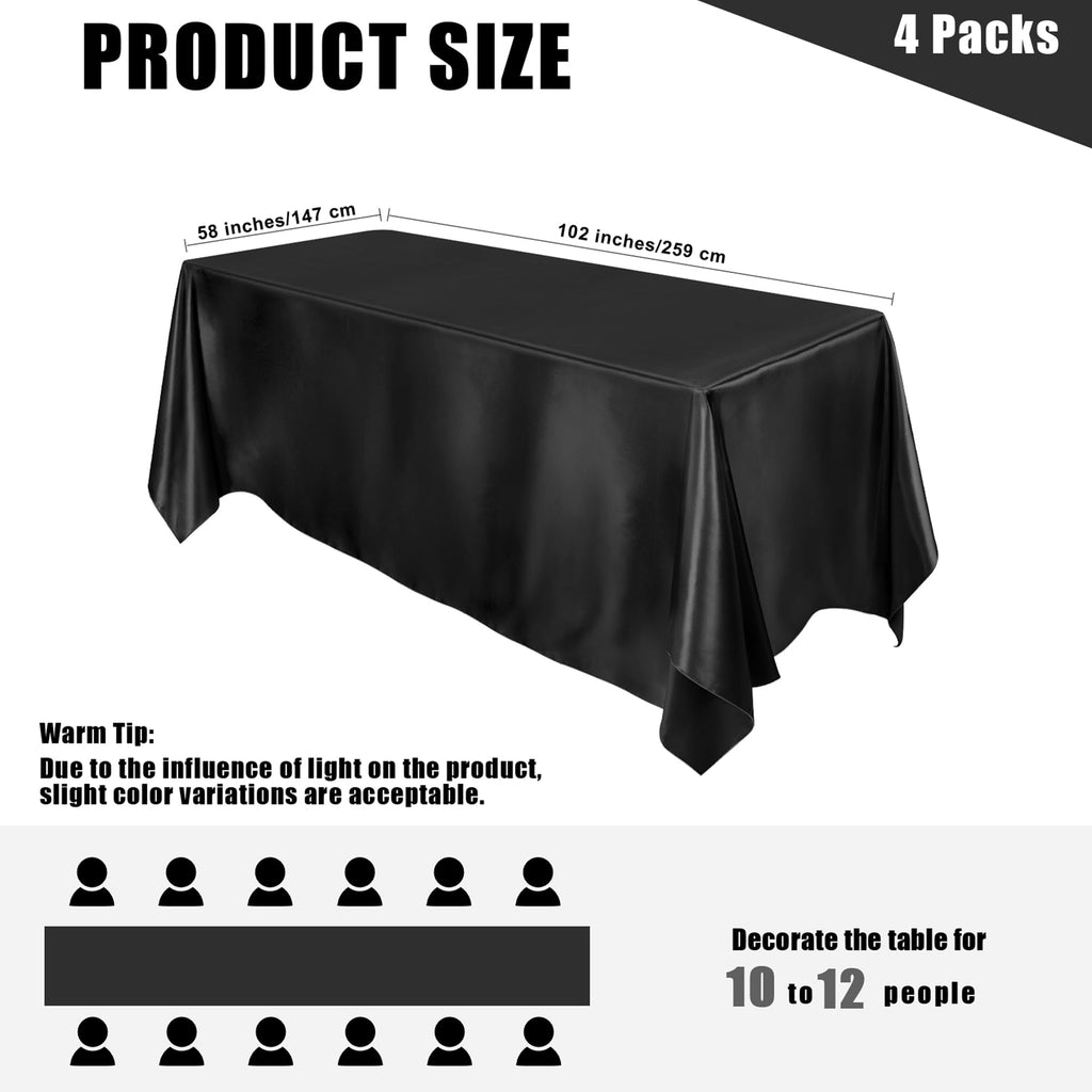 4 Pack Satin Rectangular Tablecloth, 102 x 58 Inches, Black