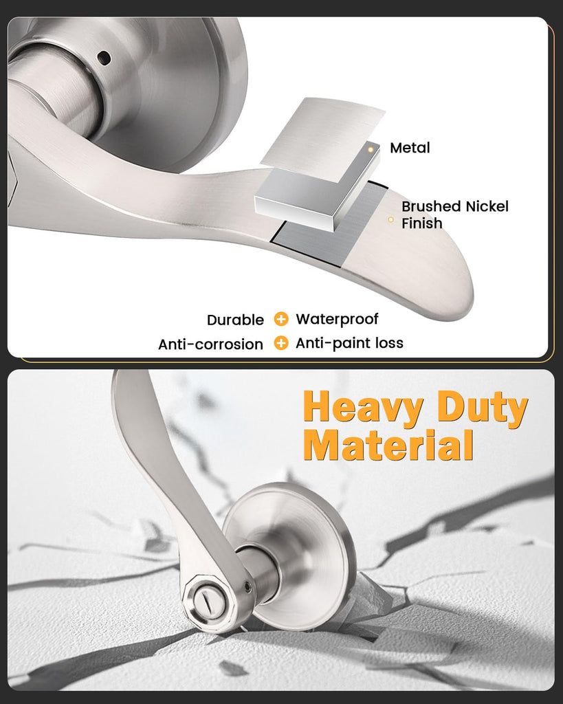 6 Pack Privacy Locksets Interior Door Levers/Handles Bath, Wave Levers, Right Left Handed Door Knobs, Satin Nickel