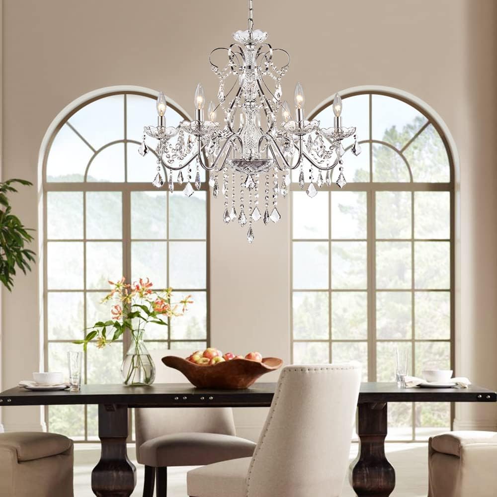 6 Light Crystal Chandelier Light Fixture Modern Chandelier Crystal Lighting, Crystal Pendant Raindrop Chandelier for Dining Room,Bedroom,Living Room,H23 x D24