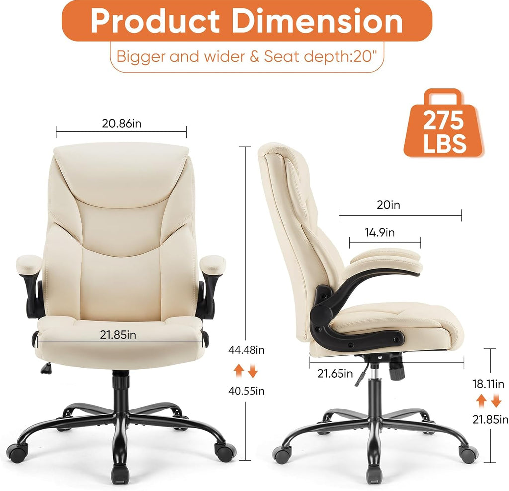 Office Executive Chair - Heavy Duty High Back Home Desk Chair with Flip-up Armrest, PU Leather, Height Adjustable & Swivel Rolling with Wheels, Beige