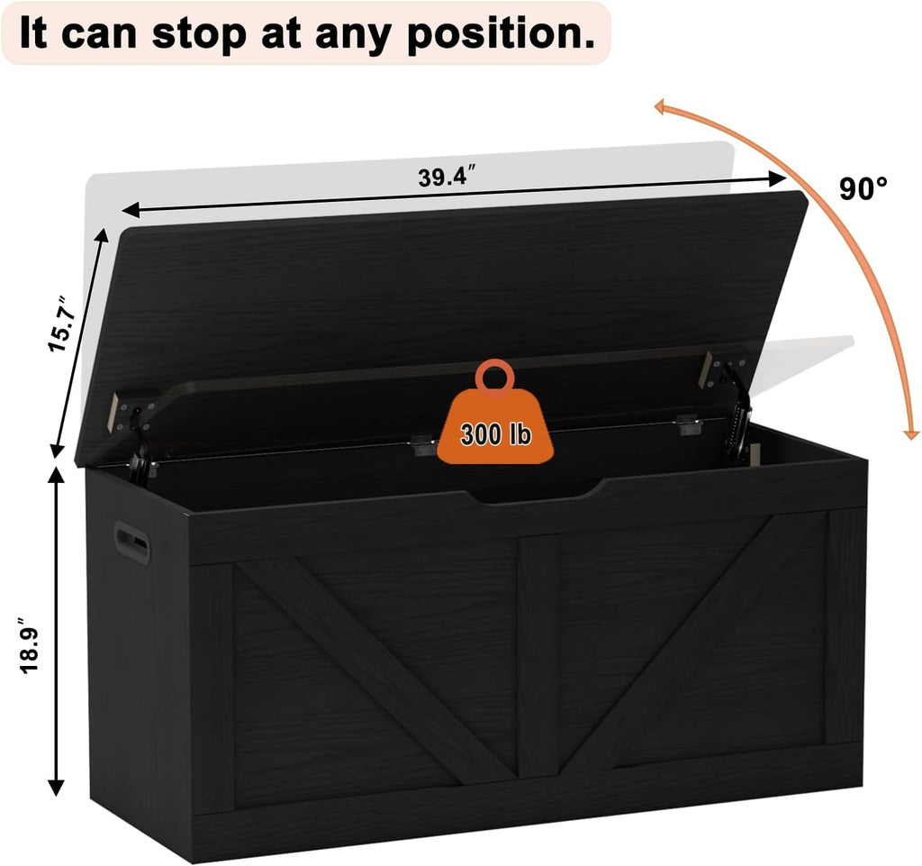 39.4" Storage Chest, Wooden Storage Bench, Large Storage Trunk | Entryway Shoes Bench with 2 Safety Hinges, Black