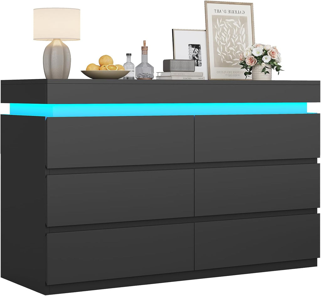 6 Drawer Dresser with LED Light,Black | Modern Chest of Drawers ,Closet Dressers with Drawers forLiving