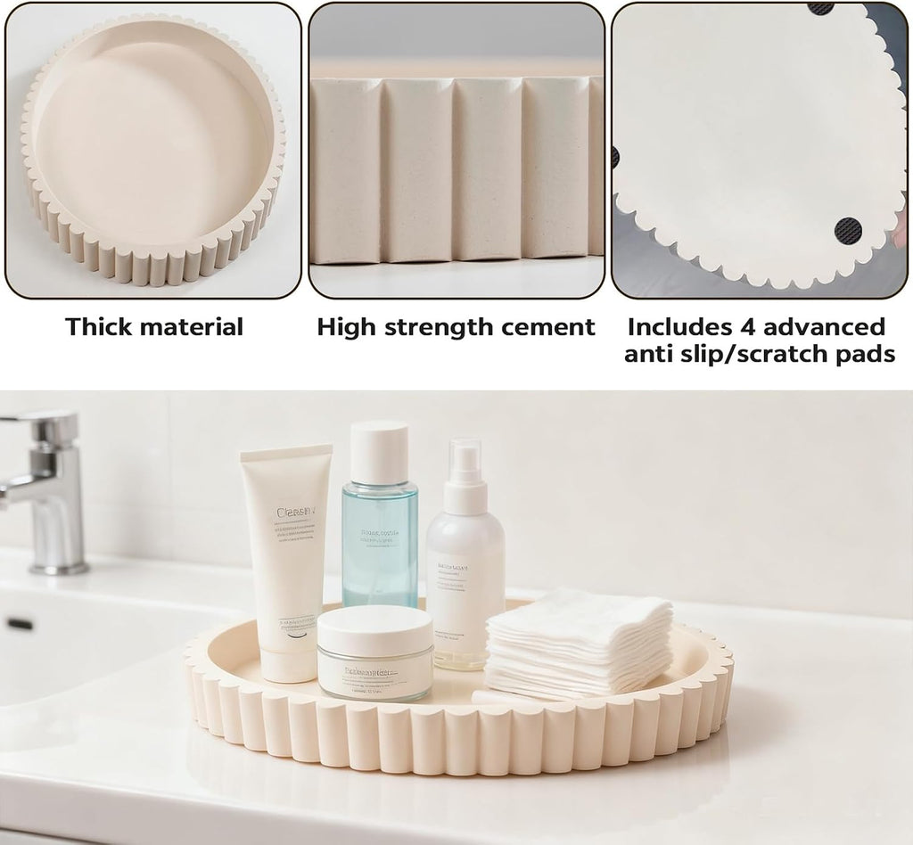 Coffee Table Tray, Large 13"×9.5" Oval Fluted Concrete Tray, Cream Decorative Serving Tray, Home Décor Accent for