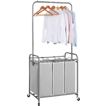 Laundry Sorter with Hanging Bar, Portable, Removable Laundry Hamper Cart with Heavy Duty Rolling Lockable Wheels