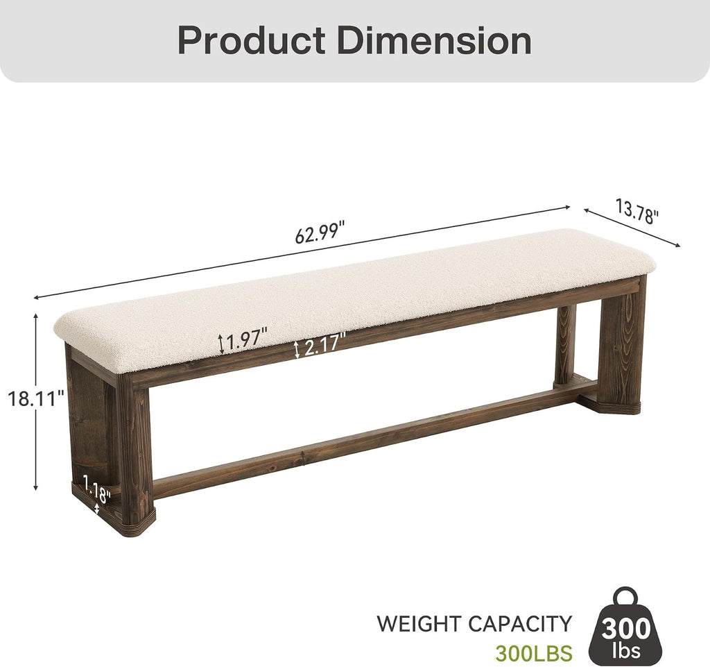 63" Upholstered Bench, Solid Wood Entryway Shoe Bench with Cushion, Long Modern Farmhouse End of Bed Bench with