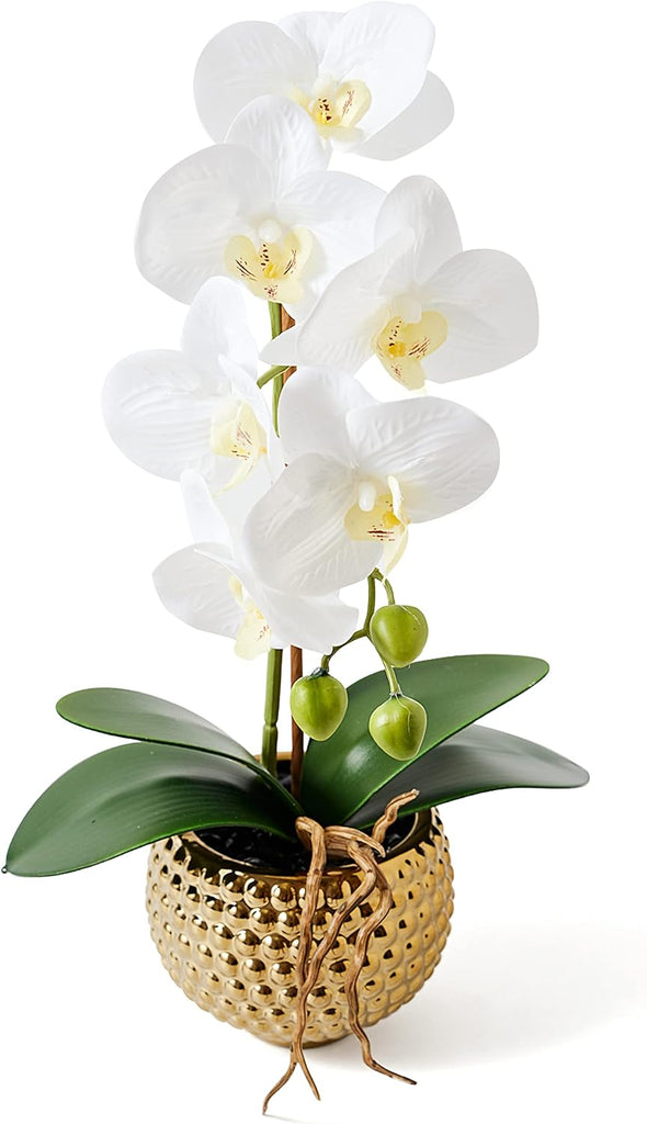 Orchids Artificial Flowers, 15" Faux Orchid in Gold Flower Pot Real Touch Flowers in Pot Large Flower Arrangements