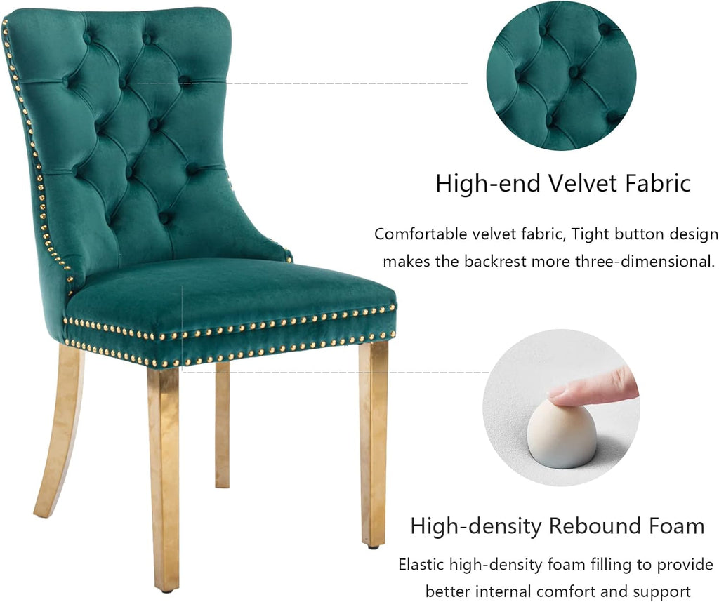 Velvet Dining Chairs Set of 6, Upholstered Dining Room Chairs with Back Ring Pull Trim and Golden Stainless Steel