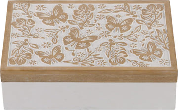 Wooden Keepsake Box - Decorative Wood Boxes with Hinged Lid, Butterfly Engraved Design, 10.24" W