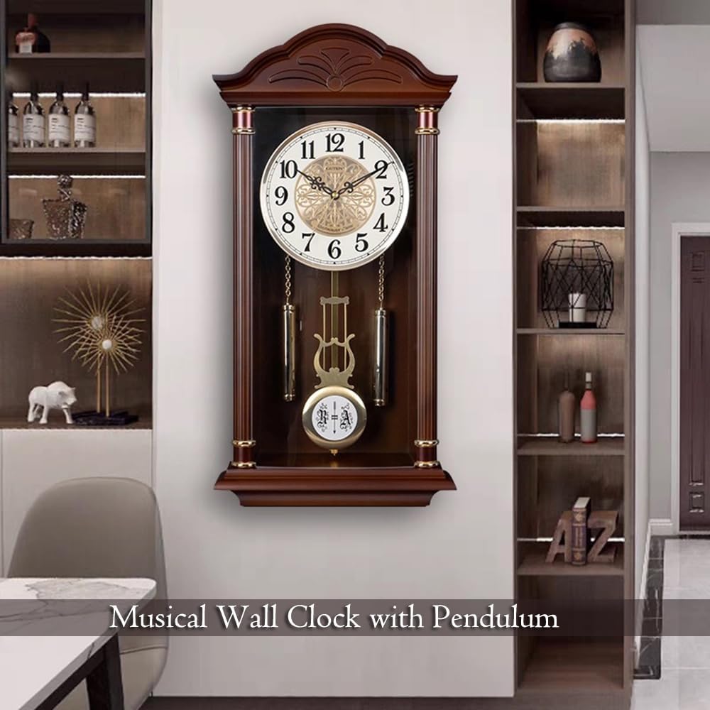 Pendulum Wall Clock Battery Operated - Large Hanging Grandfather Wall Clock with Pendulum - Quiet Pendulum Clock - Chiming Wall Clock...