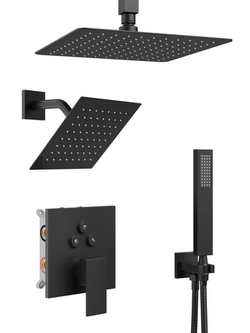 Black Shower System, All Metal Dual Rain Shower Head with Handheld