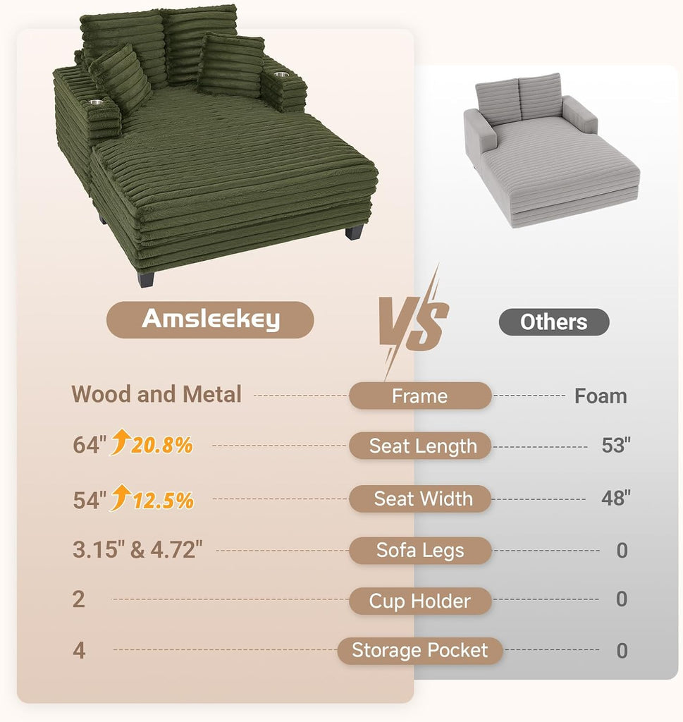 64" Oversized Chaise Lounge Chair with Wood Frame, 2 Cup Holders | 4 Storage Pockets, Plush Corduroy Fabric