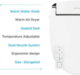 Smart Elongated Bidet Toilet Seat with Dual Nozzles, Warm Water, Air Dryer, Heated Seat, Night Light, Remote Control