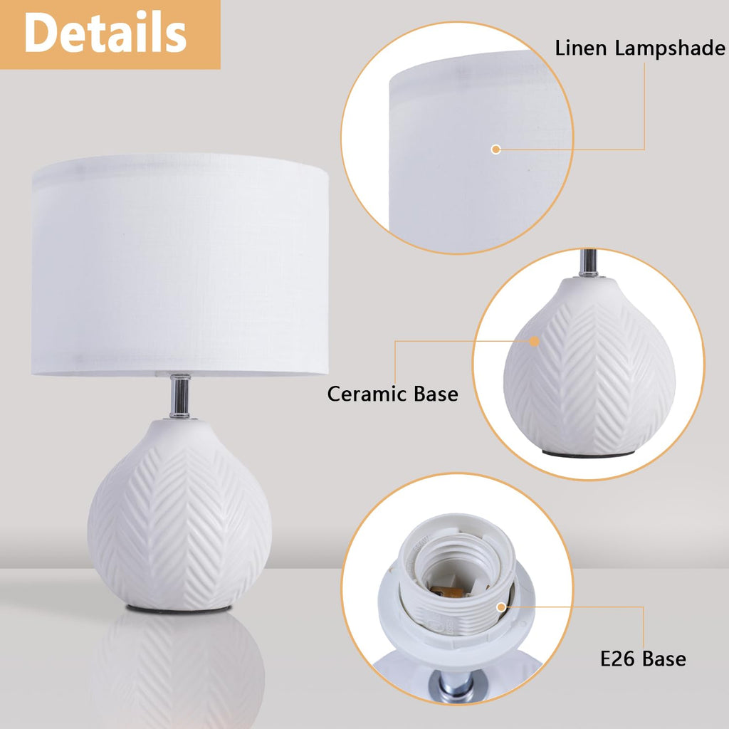 12'' White Ceramic Table Lamp, Leaf Patterned Ceramic Desk Lamp Small Bedside Lamp with Linen Shade, Mid Century