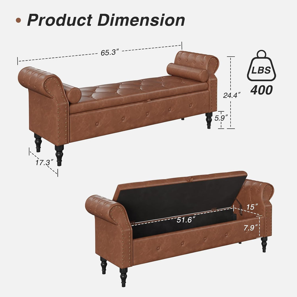 65" End of Bed Storage Bench with Rolled Arms,Storage Ottoman | Large Upholstered Shoe Benches with Nailhead