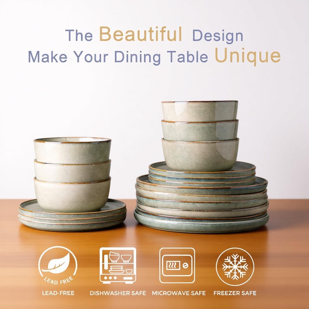 Stoneware Dinnerware Sets,Round Reactive Glaze Ceramic Plates and Bowls Sets,Highly Scratch Resistant | Dishwasher & Microwave Safe,Service for 8 Dishes Set (24pc)