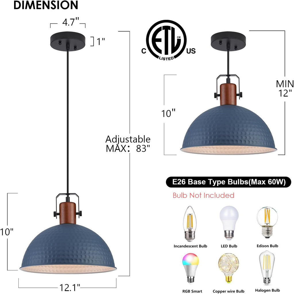 12 Inch Blue Pendant Lights Hammered Matte Pendant Lights for Kitchen Island Industrial Farmhouse Adjustable Height